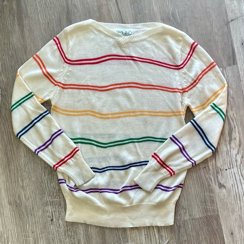 Vintage 1980s e.v. ltd. Rainbow Striped V-Neck Knit Sweater